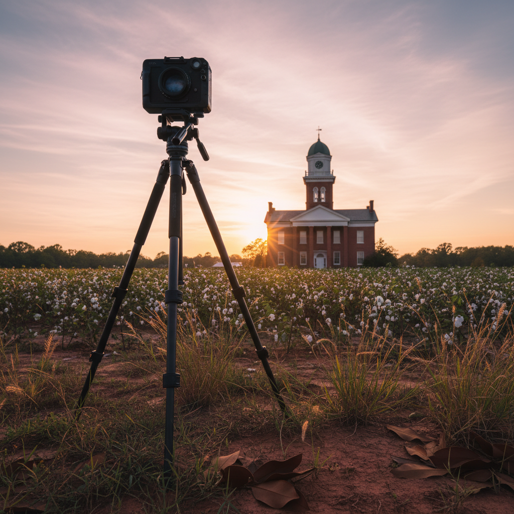 At the edge of a quiet Georgia cotton field at golden hour, a sturdy tripod-mounted camera faces a distant, historic red-brick courthouse topped with a prominent clock tower and small domed cupola. The ground is a mix of red clay and wild grass, dotted with fallen magnolia leaves. The low sun creates long, dramatic shadows and a warm, honey-toned light across the scene, giving the courthouse an almost glowing façade. The sky is streaked with pastel pink and orange clouds. Photographed from behind and slightly below the tripod, with the camera silhouetted in the foreground, the courthouse in sharp focus, this bold photographic realism composition suggests a photographer documenting the changing South and the legacy of civil rights, with no people visible.