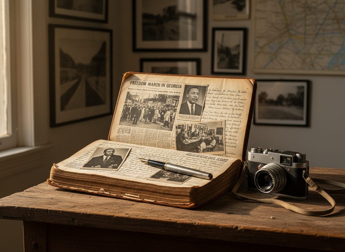 A vintage, well-worn leather-bound journal lies open on a weathered wooden table, its pages filled with dense handwritten notes and clipped monochrome news photographs about Georgia’s civil rights era. A classic metal fountain pen rests diagonally across the spine, next to a small, scuffed 35mm film camera with a fabric strap. Soft late-afternoon window light from the left glows warm and golden, catching the curl of the paper edges and the metallic highlights of the pen and camera. In the blurred background, framed photos and maps of Georgia’s small towns hint at decades of reporting. Photographic realism, eye-level composition with a shallow depth of field, bold yet intimate mood, emphasizing a life of journalism and memory without any people present.