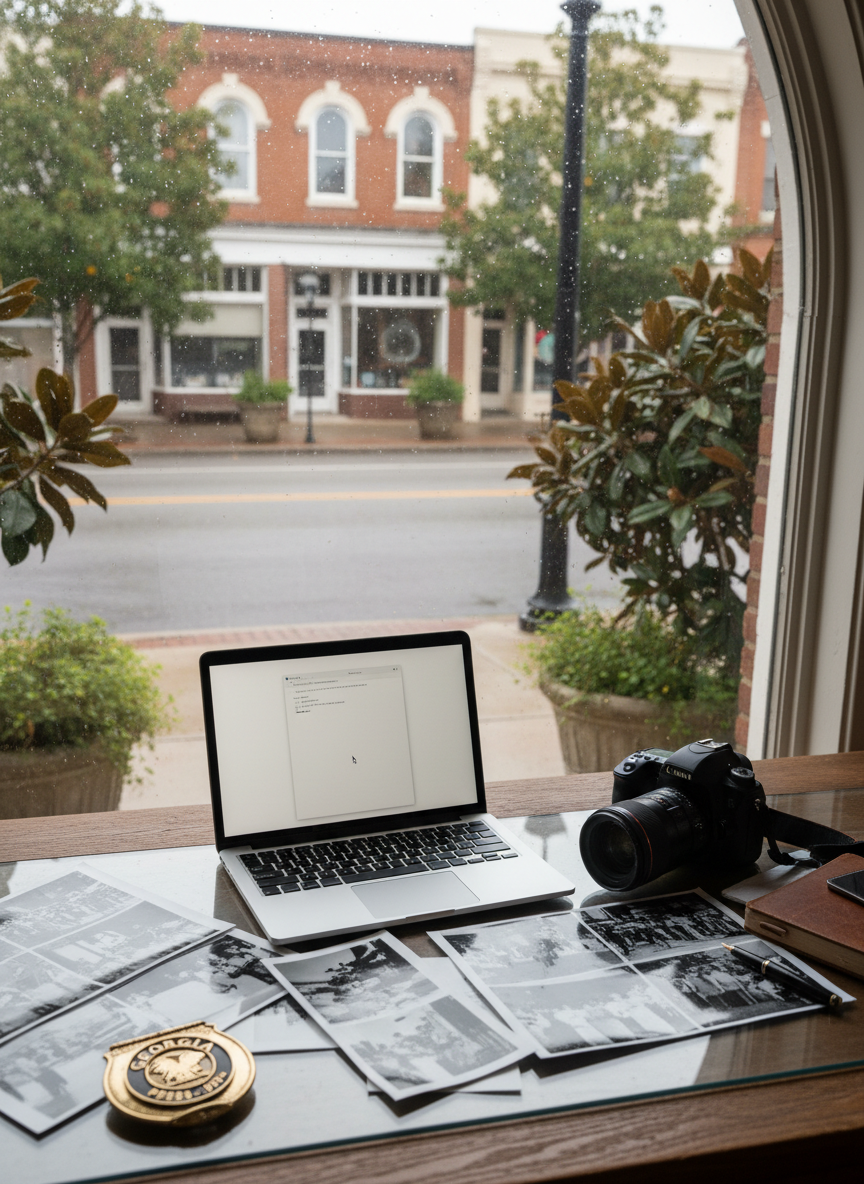 A sturdy wooden desk positioned beside a tall window overlooking a quiet Georgia main street lined with brick storefronts and magnolia trees, all seen through slightly rain-speckled glass. On the desk, a modern laptop displays a blank document, surrounded by scattered printed contact sheets, a vintage press badge, and a DSLR camera with a large lens. Overcast daylight spills through the window, creating soft, diffused lighting and muted reflections on the screen. The composition is shot from a slightly elevated angle, with the street outside forming a bokeh backdrop. The mood is contemplative and determined, photographic realism with a bold, documentary feel, suggesting a journalist mother preparing to write a powerful memoir about civil rights and small-town Georgia, without including any human figures.